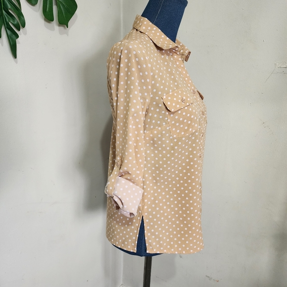 Notations Tan White Polka Dot Button Shirt Blouse - Picture 4 of 7
